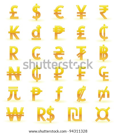 Golden currency symbols of the world isolated on white