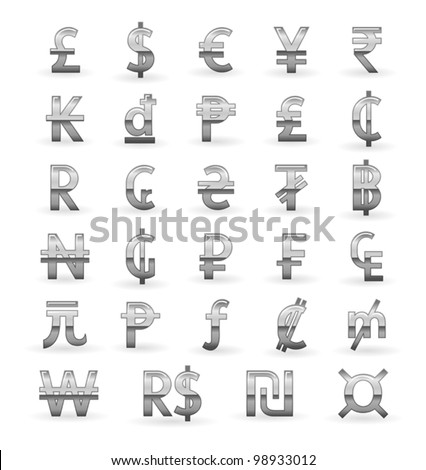 Silver currency symbols of the world isolated on white