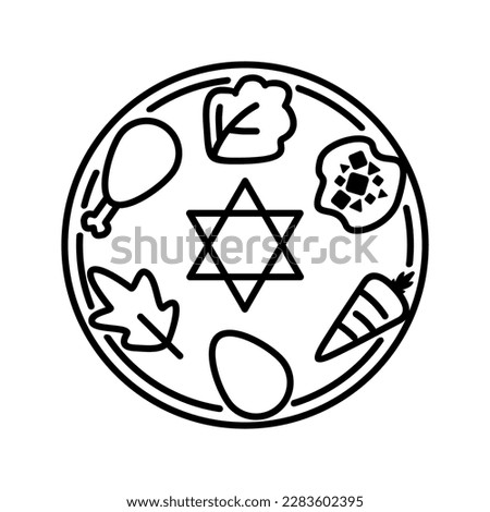 Passover Seder plate linear icon. Food platter. Symbolic foods. Six ritual items. Thin line illustration. Contour symbol. Vector isolated outline drawing.