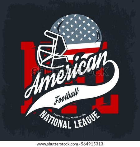 American football helmet tee print vector design isolated on dark background. Superior United States flag emblem. Premium quality t-shirt rugby retro sport logo concept.