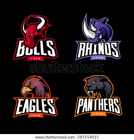 Furious rhino, bull, eagle and panther sport vector logo concept set isolated on dark background. Web infographic team pictogram. Premium quality wild animal and bird t-shirt tee print illustration.