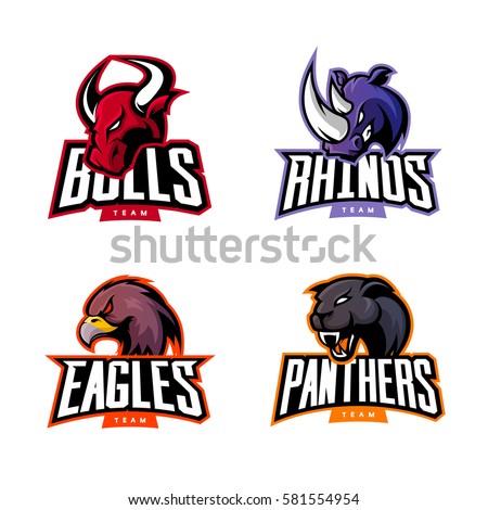 Furious rhino, bull, eagle and panther sport vector logo concept set isolated on white background. Web infographic team pictogram. Premium quality wild animal and bird t-shirt tee print illustration.