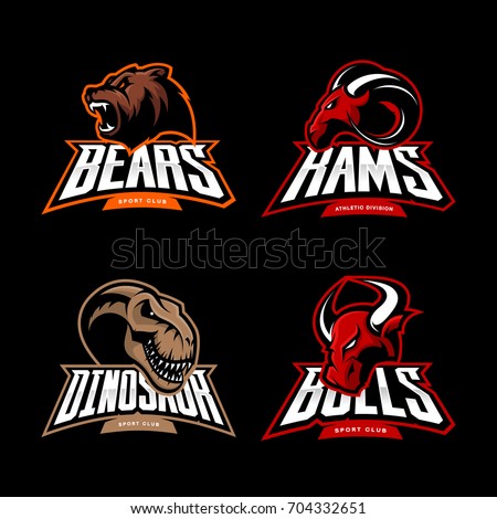 Furious bear, ram, dinosaur and bull sport vector logo concept set isolated on black. Street wear mascot team badge design. Premium quality wild animal emblem t-shirt tee print illustration.
