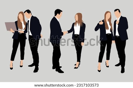 Confident business people meeting together. shaking hands, using laptop, doing business deals. character illustration isolated on white background.