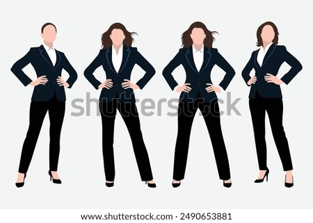 Business Woman standing with hands on waist. A group of business women posing with their hands on their hips. female business character illustration isolated on white background.