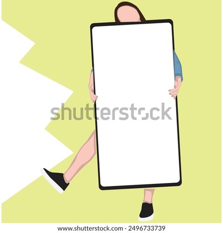 girl holding huge 3d model of modern phone with blank white screen