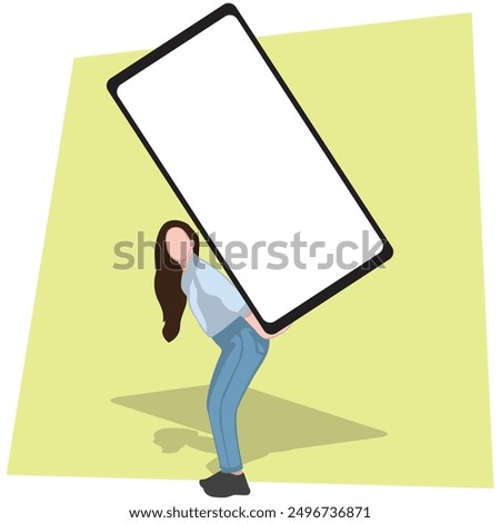 Woman Carrying Big Smartphone With Empty Screen Standing vector