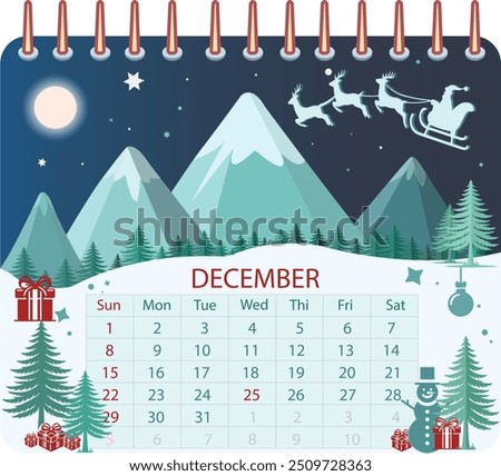 Festive Merry Christmas Illustration png. Santa Claus Flying Over a Snowy Mountain Range in Moonlight Delivering Gifts with Decorative Calendar Marking Holiday Dates and Winter Celebrations vector eps