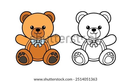 A cheerful teddy bear illustration in silhouette flat design logo sitting and smiling. This cute single line toy simple outline cartoon style icon vector isolated on a transparent background for kids