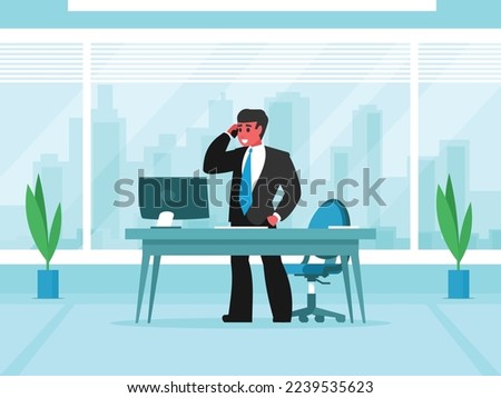 Businessman speaks on the phone. Boss workplace. Table with computer and armchair. Business conversation. Office interior with large window. Window overlooking city buildings. Vector graphics