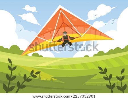 Smiling man flying on hang-glider. Sportsman on hang gliding competitions. Man gliding on delta-plane in the sky. Vector illustration