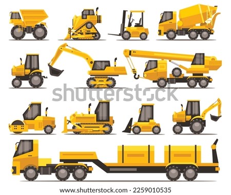 Earth-Moving Heavy Equipment for Construction. Tractors, cranes, loaders and excavators. Vector graphics