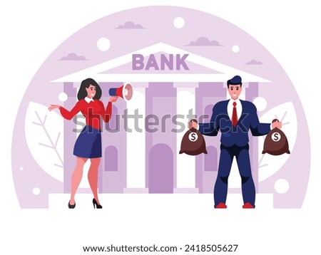 Bank lending concept. Businesswoman with megaphone. Attention announcement, important message. Loudspeaker or loud voice concept. Businessman holds two bags of money in his hands. Financial success