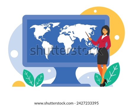 Female geography teacher. Female teacher in glasses stands with a pointer. World map on computer display. Background with monitor. Vector graphics