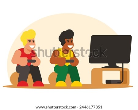 Two children playing video games on a game console. Vector graphics