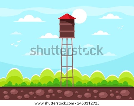 Round water tower with red roof. High metal construction circular tank for storage of hydro resource reserve. Background with grass, bush, blue sky and white clouds. Vector graphics