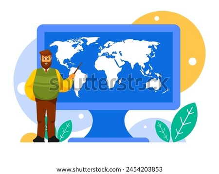 Geography teacher. Male teacher in glasses stands with a pointer. World map on computer display. Background with monitor. Vector graphics