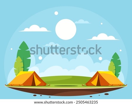 Orange camping tent. Orange camping tent. Green meadow with trees. Rural landscape. Vector graphics