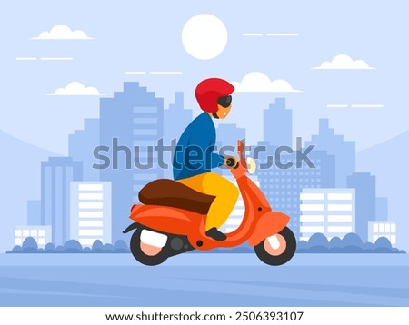 A man in a helmet rides a scooter. Cityscape. Sunset or sunrise. Modern city skyscrapers panorama of tall buildings, urban background. Vector graphics