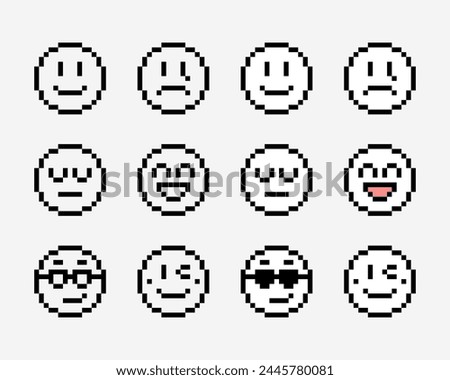 Black and white smiling, crying, sleeping, cool, laughing, winking face vector sticker. Emoji, emoticon outline pixel art isolated element. 
