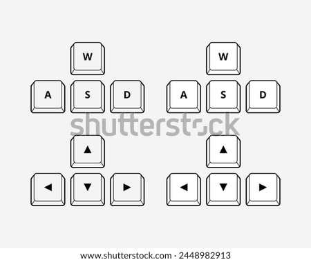 Arrow left, right, up, down, w, a, s, d keys on computer keyboard isolated icon. Keyboard buttons.