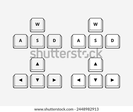 Arrow left, right, up, down, w, a, s, d keys on computer keyboard isolated vector. Keyboard buttons icon.