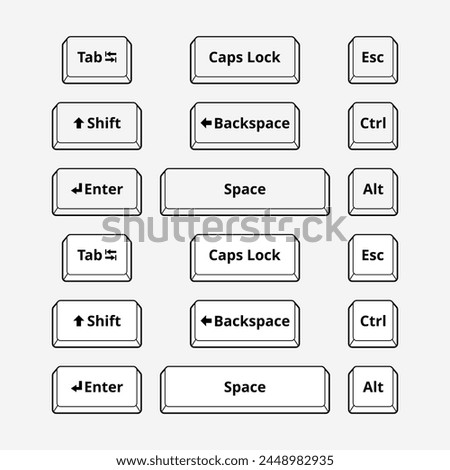Ctrl, alt, esc, tab, spacebar, shift, enter, backspace, delete, caps lock keys on computer keyboard isolated vector. Keyboard buttons icon. Control, alternate, escape.