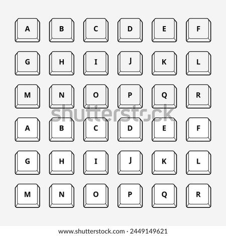 Alphabet letters keys on computer keyboard isolated icon. Keyboard a-r buttons.