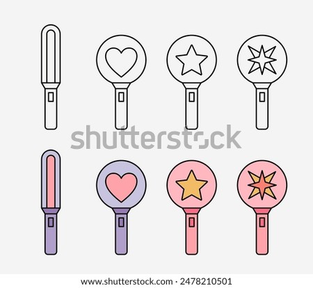 K-pop light stick. Various types of boy band and girl band light stick doodle sticker. Concert, fan meeting, heart, star, cheering sign.