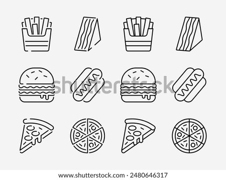 Fast food icon set. Basic flat design snack. French fries, sandwich, hamburger, hot dog, pizza sign symbol. Dish, junk food, burger, hotdog, bread.