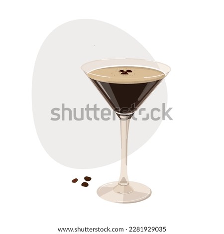 Cocktail espresso martini in glass with coffee beans.  Vector illustration for alcohol menu in bar and restaurant, postcards