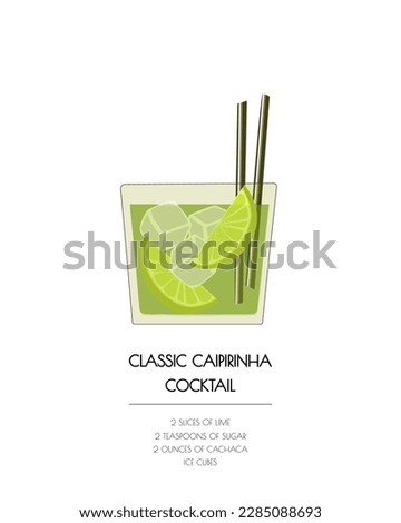 Old fashioned retro isolated cocktail Caipirinha receipt on white background