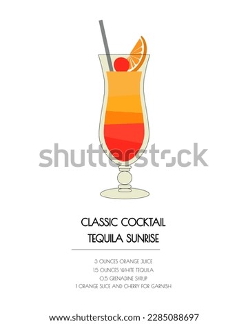 Old fashioned retro isolated cocktail Tequila sunrise receipt on white background