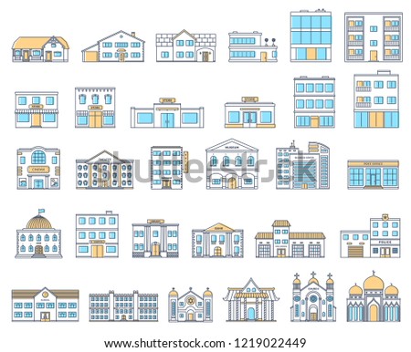 Buildings set. Buildings set. Cottages, store, museum, hospital, library, bank, cinema, religion, police, fire, school, university building isolated Urban public, retail and living buildings. Vector.