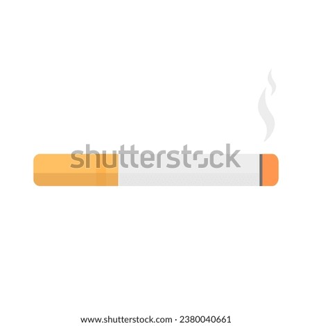 Cigarette on a white isolated background, vector illustration, smoking cessation day, lit cigarette with smoke, flat style, 10 eps, no smoking, tobacco, simple vector cigarette icon
