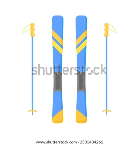 Blue skis in cartoon style on a white background. Winter sport. Skiing. Personification of winter