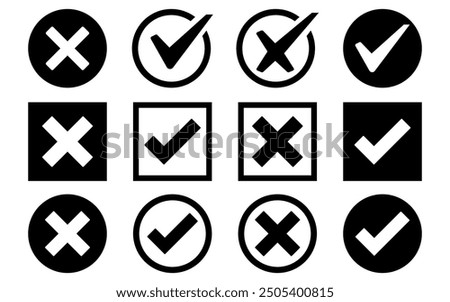 Check box tick mark icon set black button correct right wrong buttons or yes or no checkmark red cross green tick vector illustration	