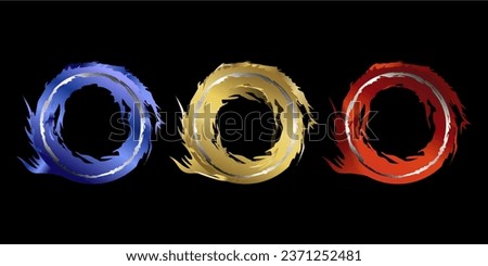 Collection of gold color circles, fire and blue flames, round shapes on black background technology concept. Circular light frame border. You can use them for badges, price tags, labels