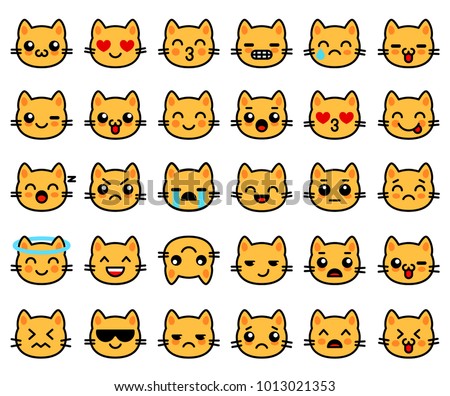 Emoticons big collection with yellow cats. Emoji for chat. Vector illustration set with cats faces in flat style with contour. Animal grimaces for social networks