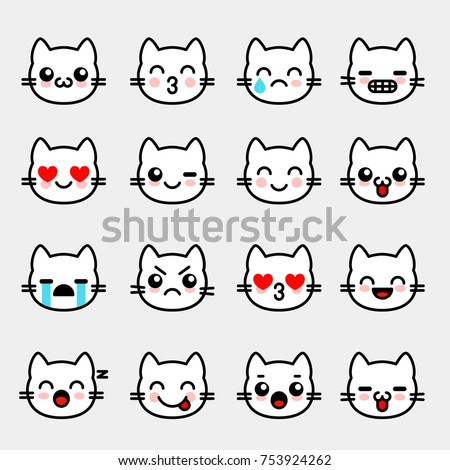 Emoticons with white kitten. Emoji collection for chat. Vector illustration set with cats faces in line style