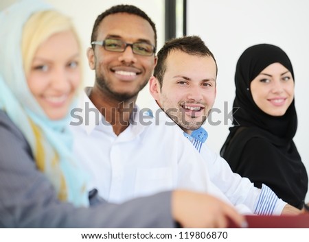 Arabic people having a business meeting, row with selective focus