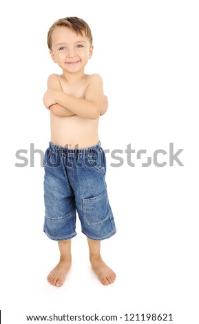 Portrait Of Happy Kid Shirtless Smiling And Posing Over White ...