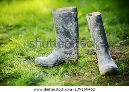 Wellington dirty boots on meadow grass