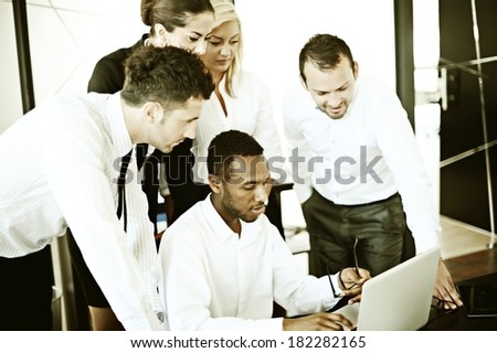 Business people working in office with instagram retro filtered effect
