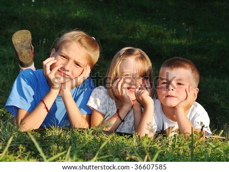 Happy Beautiful Children Laying On Ground Outdoor Stock Photo 36607585 ...
