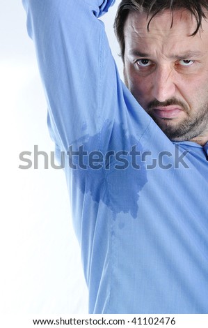 Young man with sweat trail on his shirt