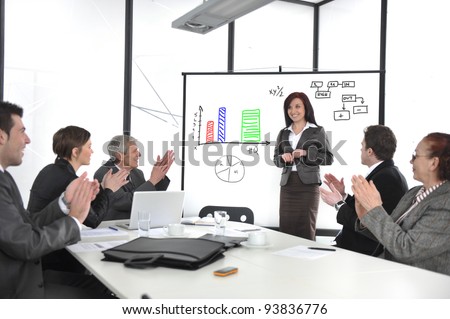 Business woman making the presentation and receiving applause