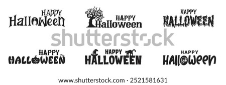 Halloween typography set with 'Happy Halloween' texts in black isolated on transparent background. Spooky, Creepy, horror-themed text designs vector format. Includes Halloween themed icons with text. 