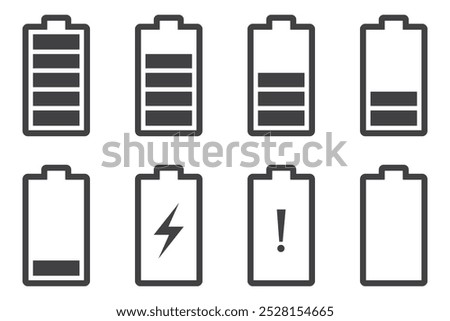 Vertical Battery Icon Set. Charge levels for Battery Charging, Low Battery, and  Empty battery indicator symbols.