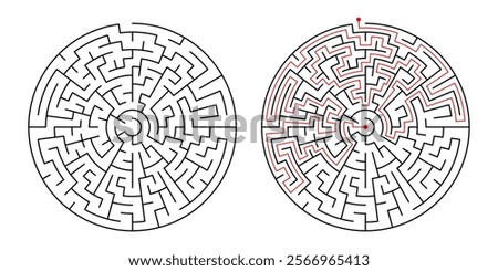 Round maze puzzle with solution path traced. Simple logic maze challenge with clear entry and exit. Vector labyrinth design.